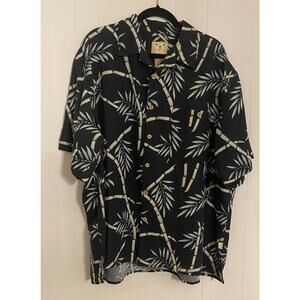 Joe Marlin Hawaiian Shirt Bamboo Print Black‎ Green Front Pocket Wood Button XXL